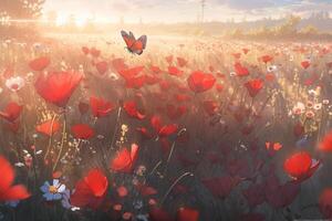 natuurlijk landschap met bloeiend veld- van klaprozen Bij zonsondergang. ai generatief foto