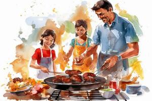 een levendig en levendig afbeelding beeltenis een vader grillen en genieten van een barbecue met zijn familie. ai generatief foto