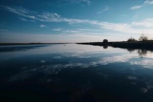 een tafereel in welke de geheel licht blauw lucht is weerspiegeld in de water. ai generatief foto