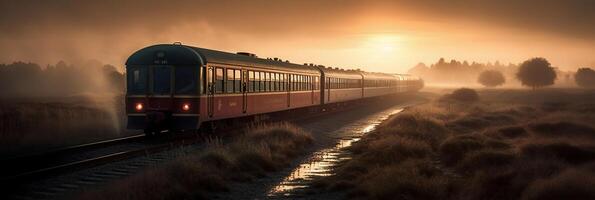 betoverend trein fotografie in zonsondergang lucht foto