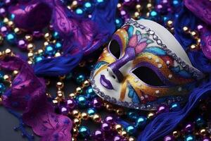 Venetiaanse carnaval masker en kralen decoratie. mardi gras achtergrond. ai generatief foto