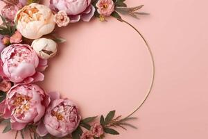 pioenrozen, rozen Aan roze achtergrond met kopiëren ruimte. abstract natuurlijk bloemen kader lay-out met tekst ruimte. romantisch vrouwelijk samenstelling. ai generatief foto