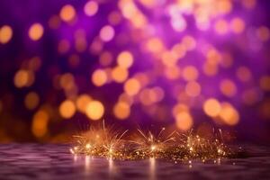 goud en Purper vuurwerk en bokeh in nieuw jaar vooravond en kopiëren ruimte. abstract achtergrond vakantie, ai generatief foto