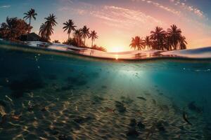 fotograaf van mooi uitnodigend strand tafereel met roze zonsondergang lucht. ai generatief foto