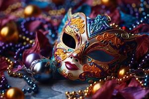 Venetiaanse carnaval masker en kralen decoratie. mardi gras achtergrond. ai generatief foto