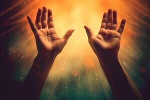 menselijk handen Open palm omhoog aanbidden met geloof in religie en geloof in god Aan zegen achtergrond. ai generatief foto