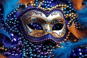 Venetiaanse carnaval masker en kralen decoratie. mardi gras achtergrond. ai generatief foto