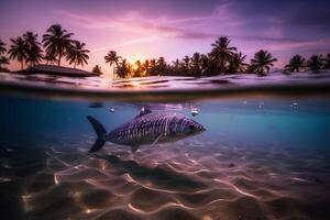 fotograaf van mooi uitnodigend strand tafereel met Purper zonsondergang lucht. ai generatief foto