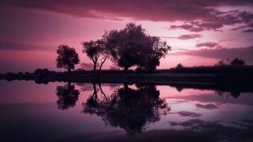 een tafereel in welke de geheel Purper lucht is weerspiegeld in de water. ai generatief foto