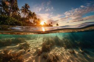 fotograaf van mooi uitnodigend strand tafereel met zonsondergang lucht. ai generatief foto