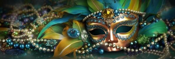 Venetiaanse carnaval masker en kralen decoratie. mardi gras achtergrond. ai generatief foto