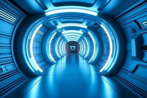 futuristische achtergrond wetenschap fictie interieur en blauw licht architectuur hal. ai generatief foto