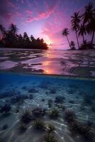 fotograaf van mooi uitnodigend strand tafereel met Purper zonsondergang lucht. ai generatief foto