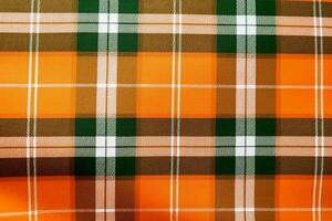 oranje kleding stof textiel patroon, plaid achtergrond, linnen katoen. ai generatief foto