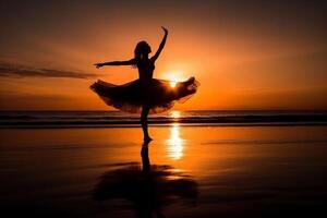 de silhouet van een ballerina Aan de zonsondergang strand. ai generatief foto