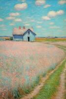 abstract schilderij in munt roze, roze tarwe velden, veld- huisjes, blauw lucht en wit wolken. ai generatief foto