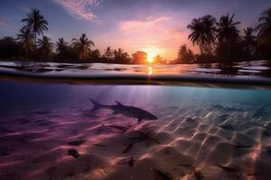 fotograaf van mooi uitnodigend strand tafereel met Purper zonsondergang lucht. ai generatief foto