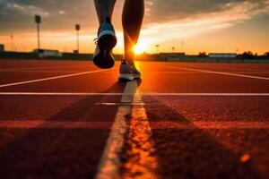 hardlopers voeten in een atletisch rennen spoor. jong Mens atleet opleiding Bij zonsondergang. ai generatief foto