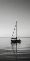 wit beeld van een eenzaam zeilboot Aan een kalmte zee, ai generatief foto