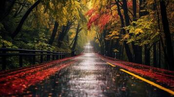 een mooi lang weg in herfst seizoen is bekleed met bomen lager kleurrijk bladeren. ai generatief foto