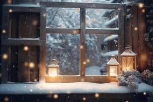 winter Kerstmis besneeuwd kader met kopiëren ruimte. houten licht borden zijn gedekt met sneeuw met schoon vrij leeg ruimte voor tekst. ai generatief foto