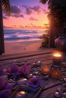 romantisch exotisch strand met schelpen en zonsondergang, zonsondergang van paars en blues. ai generatief foto