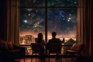 de terug van een paar zittend door de hotel venster, de visie door de venster is een sterrenhemel nacht. ai generatief foto
