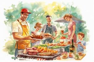 een levendig en levendig afbeelding beeltenis een vader grillen en genieten van een barbecue met zijn familie. ai generatief foto