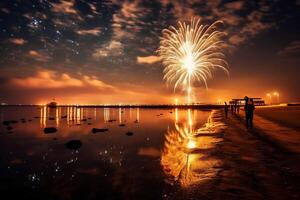 vuurwerk nacht zee ster. ai generatief foto