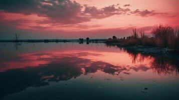 een tafereel in welke de geheel roze lucht is weerspiegeld in de water. ai generatief foto