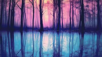 bomen in een Woud met water Aan het, in de stijl van vervagen silhouet, met een blauw Purper toon. ai generatief foto