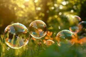 zeep bubbels tegen een wazig licht natuurlijk zomer achtergrond. ai generatief foto