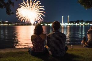 een jong paar zitten samen naar kijk maar viering vuurwerk in Amerika. ai generatief foto