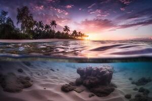 fotograaf van mooi uitnodigend strand tafereel met Purper zonsondergang lucht. ai generatief foto