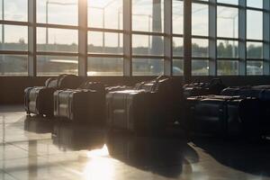 bagage koffers Bij de luchthaven breed banier met kopiëren ruimte Oppervlakte voor vakanties en vakantie reizen concepten. ai generatief foto
