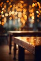 beeld van houten tafel in voorkant van abstract wazig achtergrond van restaurant lichten. ai generatief foto