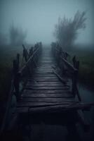 oud houten brug leidend naar nergens in de mist, gebroken, somber donker blauw, mysterieus, eenzaamheid. ai generatief foto