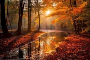 de meest mooi rood herfst Woud in de wereld. ai generatief foto