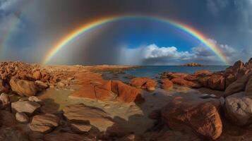 regenboog lucht, rood zee van steen. ai generatief foto