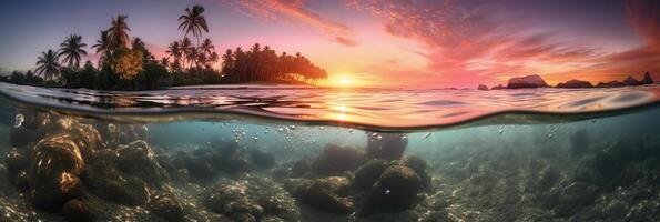 fotograaf van mooi uitnodigend strand tafereel met roze zonsondergang lucht. ai generatief foto