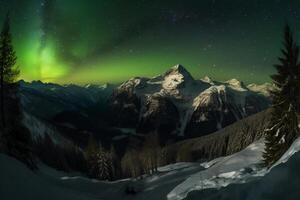 Aurora, Zwitsers Alpen, ster, sneeuw, winter. ai generatief foto