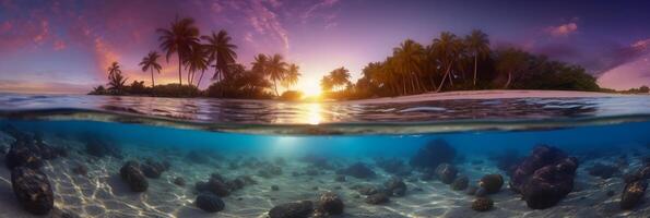 fotograaf van mooi uitnodigend strand tafereel met Purper zonsondergang lucht. ai generatief foto