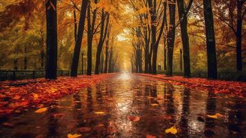 een mooi lang weg in herfst seizoen is bekleed met bomen lager kleurrijk bladeren. ai generatief foto