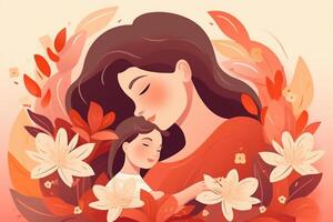 illustratie van moeder met haar weinig kind, bloem in de achtergrond. concept van moeders dag, moeders liefde, relaties tussen moeder en kind. ai generatief foto