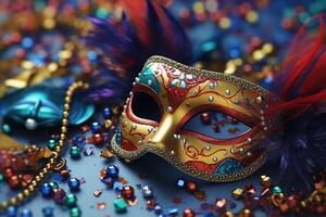 Venetiaanse carnaval masker en kralen decoratie. mardi gras achtergrond. ai generatief foto