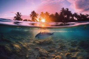 fotograaf van mooi uitnodigend strand tafereel met Purper zonsondergang lucht. ai generatief foto