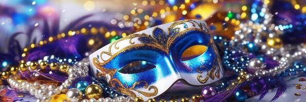 Venetiaanse carnaval masker en kralen decoratie. mardi gras achtergrond. ai generatief foto