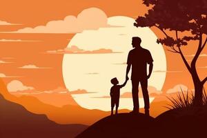 illustratie van vader met zijn weinig kind, boom in de achtergrond. concept van vaders dag, vaders liefde, relaties tussen vader en kind. ai generatief foto