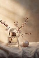 nog steeds leven fotografie, transparant parfum fles in de centrum, stenen, takken, bloemen. ai generatief foto