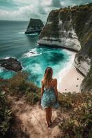 staand vrouw vervelend zomer geel Look, het beste stranden. ai generatief foto